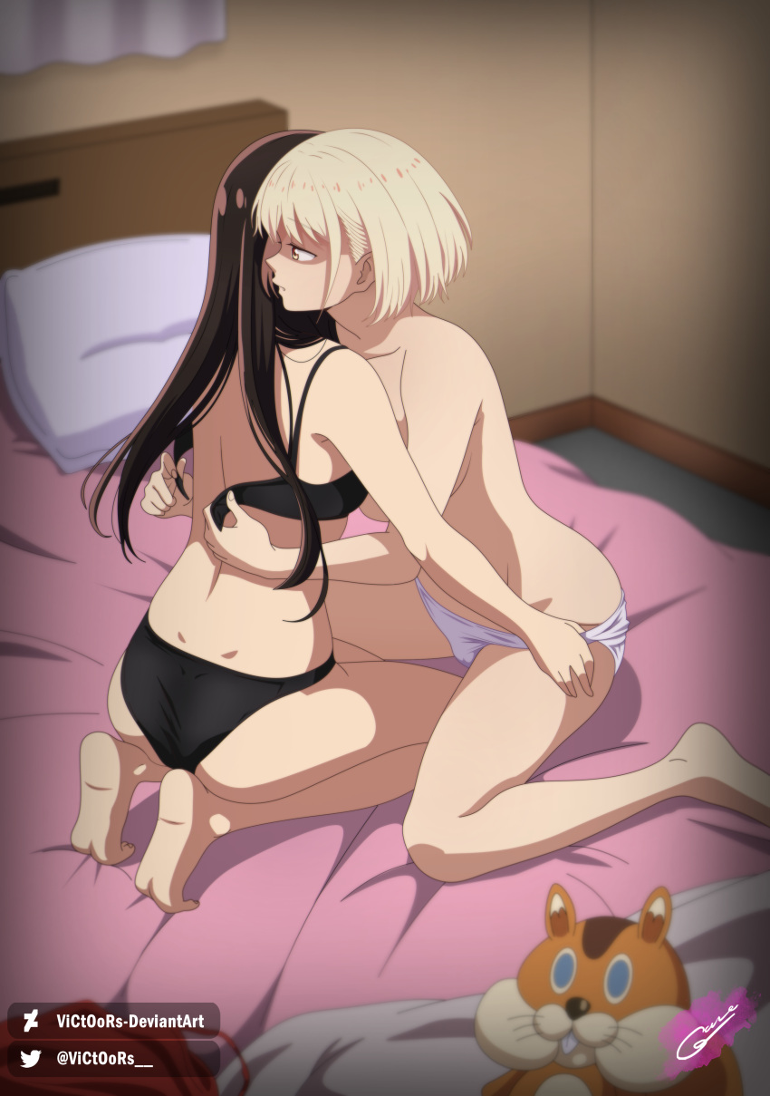 2girls barefoot bed bedroom before_sex blonde_hair brown_hair clothes_on_bed clothes_removed couple deviantart_username female/female imminent_sex indoors inoue_takina kneeling kneeling_on_bed lesbian_couple long_hair lycoris_recoil multiple_girls mutual_yuri nishikigi_chisato panty_pull pulled_by_another removed_clothing removing_bra removing_underwear short_hair stuffed_animal stuffed_toy taking_off_bra twitter_username undressing undressing_another undressing_partner url victoors watermark web_address yuri