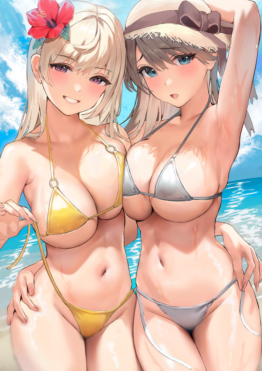 2girls :o absurd_res absurdres arm_above_head arm_around_waist armpits arms_up asymmetrical_docking bare_arms bare_belly bare_midriff bare_shoulders bare_thighs beach belly belly_button bikini blonde_hair blue_bikini blue_eyes blue_sky blue_swimsuit blush blush_lines breast_press breast_squeeze breasts brown_hair brown_ribbon cleavage clouds coast collarbone day dot_nose eyebrows_visible_through_hair female female_only fingers flower grin hair_between_eyes hair_flower hair_ornament hand_above_head hand_on_another's_hip hat hat_ribbon head_tilt highres human inushima large_breasts legs legs_together light-skinned_female light_skin long_hair looking_at_viewer multiple_girls nail_polish navel o-ring o-ring_bikini ocean open_mouth original original_character outdoor outdoors pink_nails purple_eyes pussy red_flower ribbon sand sea shoulders side-tie_bikini sideboob sky slim_waist smile smiling standing straw_hat string_bikini swimsuit thick_thighs thighs thin_waist tilted_head tongue unaware underboob undressing untying upper_teeth v-line wet wet_body wet_skin yellow_bikini yellow_swimsuit