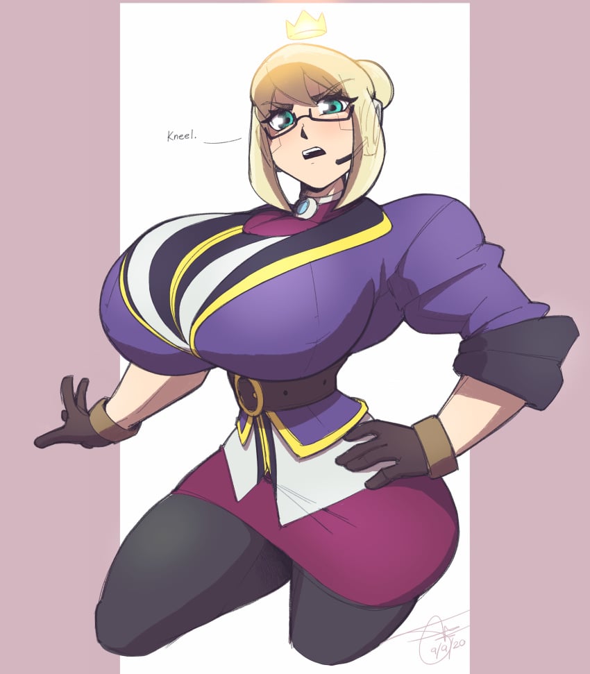 big_breasts blonde_hair breasts english_text furrowed_brow glasses hair_bun hand_on_hip hourglass_figure huge_breasts large_breasts last_period nosunato sonya_(last_period) thin_waist