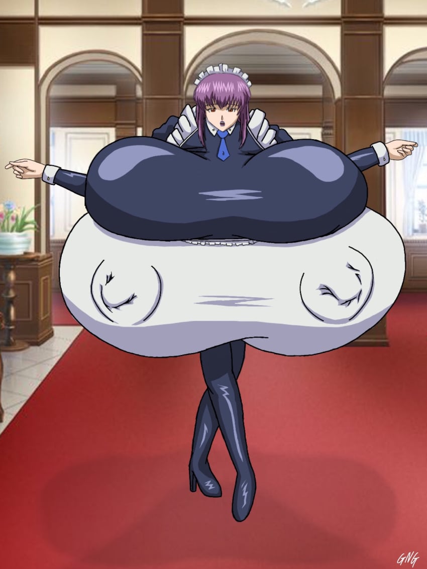 black_boots bondage_game bowing_down breast_expansion breasts_bigger_than_head enormous_breasts enormous_nipples hands_on_sides maid maid_headdress maid_uniform nipples_visible_through_clothing purple_hair purple_lipstick red_eyes tie yayoi_hibino