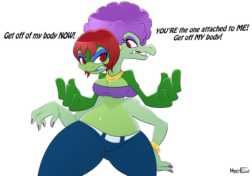 afro big_breasts cleavage conjoined conjoined_twins crocodile crocodile_girl donkey_kong_(series) frog frog_girl hourglass_figure hyperflannel kalypso midriff nintendo oc original_character purple_hair red_eyes red_hair thick_thighs wide_hips