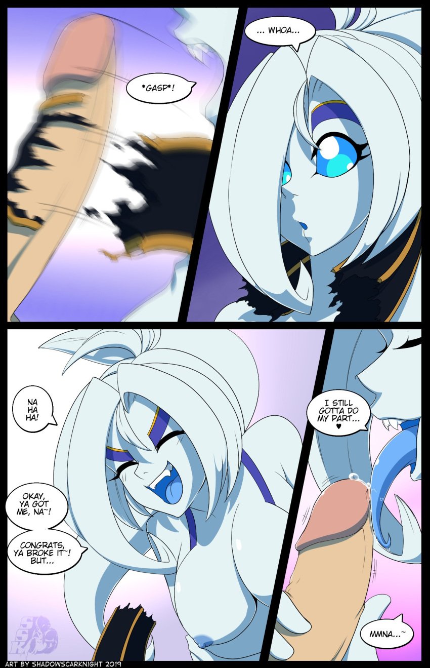 1girls blowjob blue_eyes choker comic dialogue dragon_ball dragon_ball_z happy jujubi large_penis laugh licking_penis oc original_character penis ripped_clothing shadowscarknight snap_my_choker straight straight_hair stupidsexyknite tongue_out tuffle white_hair white_skin