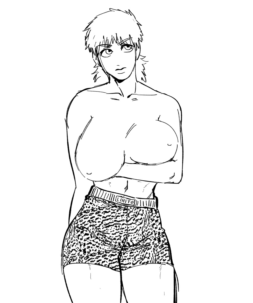 arm_under_breasts big_breasts breast_lift female female_only fighter genderswap_(mtf) gym_shorts huge_breasts kengan_(series) kengan_ashura leopard_print looking_away mahuri monochrome mullet name_tag rihito rule_63 shorts sketch solo sportswear topless topless_female