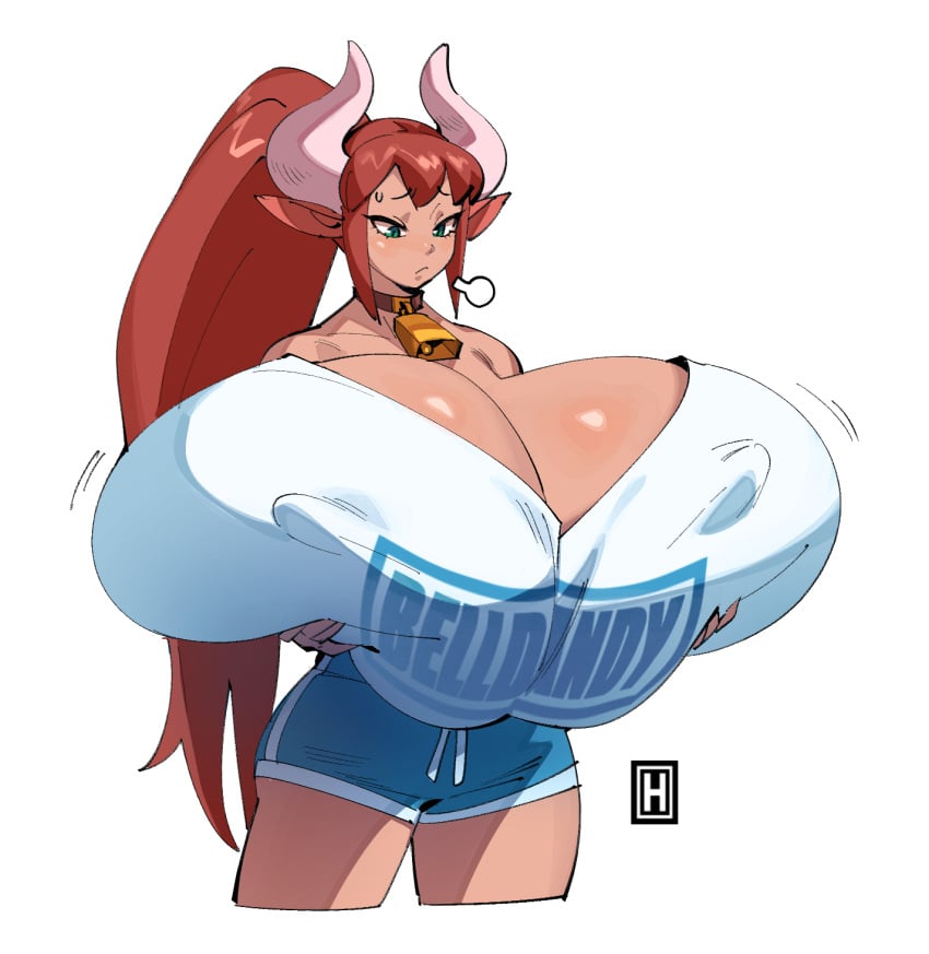 1girls 2023 2d =3 aeryn_(thehelmetguy) anime_style artist_logo bangs blue_shorts breast_squish cow_ears cow_girl cow_horns cowbell dark-skinned_female dark_skin digital_art digital_drawing digital_media dolphin_shorts enormous_breasts female female_focus female_only green_eyes high_ponytail highres holding_breasts horns hyper_breasts looking_at_breasts movement_lines nipple_bulge original ponytail red_hair sad_face shiny_hair shiny_skin shirt sidelocks sigh simple_background solo solo_focus sports_shorts sweatdrop thehelmetguy thick_thighs top_heavy very_long_hair white_background white_shirt