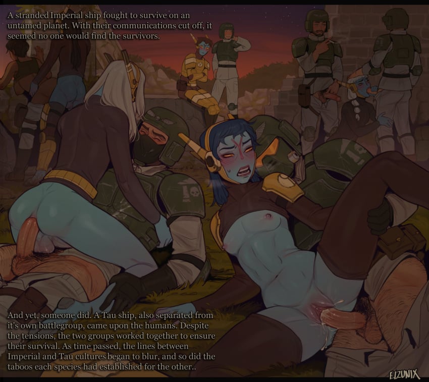 3girls 8boys alien alien_girl alien_humanoid astra_militarum bisexual_orgy blue_skin both_sexes_in_same_situation elzunix female femboy femboy_on_female gangbang group_sex imperial_guard imperium_of_man interracial interspecies male male/female male/male male_penetrating orgy red_eyes sex tau warhammer_(franchise) warhammer_40k xenophilia