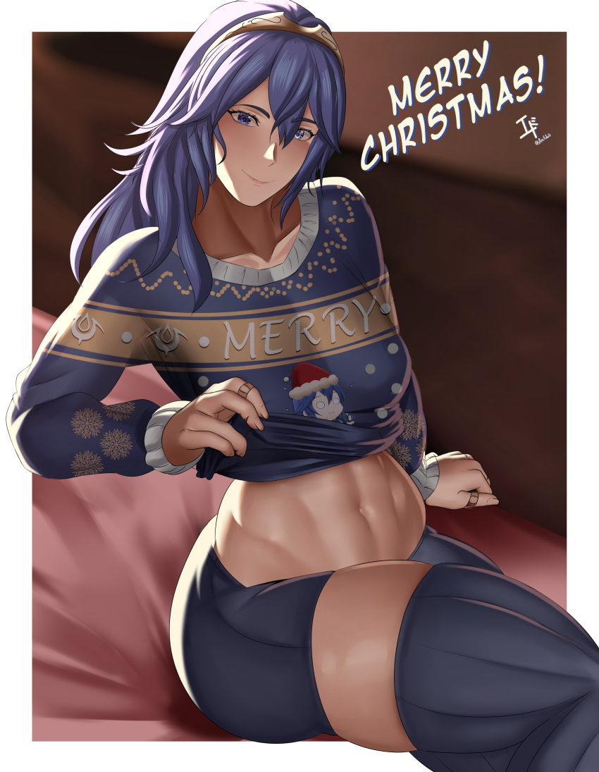 1girls :3 abs arcedo bandaid bare_thighs blue_eyes blue_hair chibi christmas clothes_lift female female_only fire_emblem fire_emblem_awakening indoors lifted_by_self long_hair long_sleeves looking_at_viewer lucina_(fire_emblem) merry_christmas muscular muscular_female presenting scar shorts sitting smile solo sweater sweater_lift symbol-shaped_pupils thick_thighs thighhighs thighs thumbs_up tiara