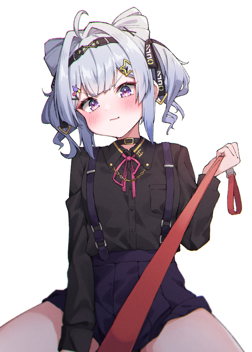 1girls ahoge belt_collar blush clothed clothed_female cone_hair_bun female_on_top gray_hair grey_hair hairclip headgear headwear leash leash_pull leashed_pov light-skinned_female light_skin looking_at_viewer nijisanji nijisanji_en purple_eyes seion sfw solo suspenders virtual_youtuber white_background zaion_lanza