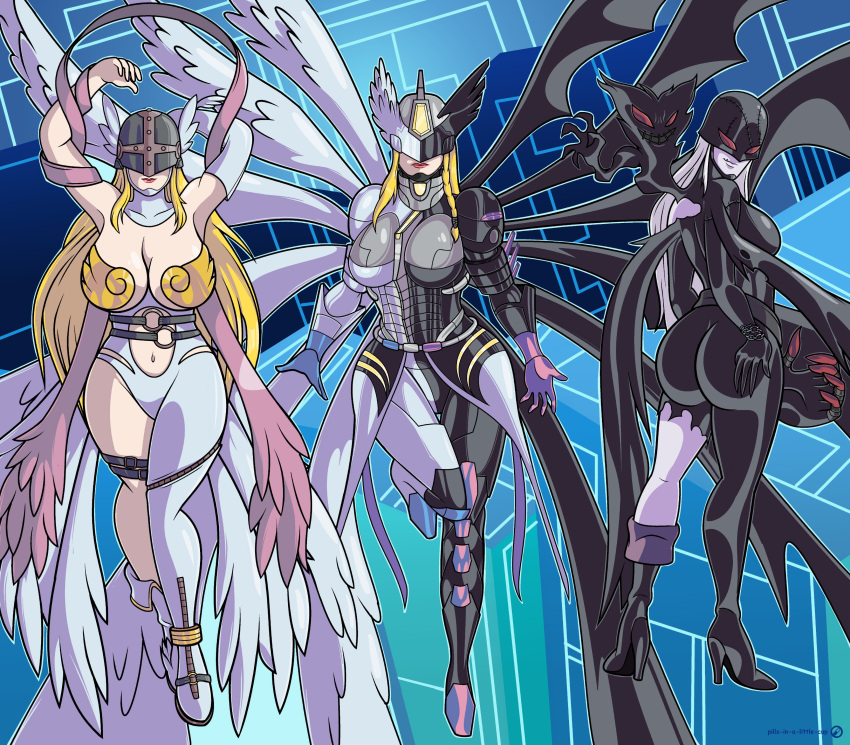 12_wings 3girls angel angel_wings angewomon blonde_hair cyberspace demon demon_wings digimon digimon_(species) digimon_story digimon_story:_cyber_sleuth female female_only half_angel half_demon helmet ladydevimon long_hair mask mastemon pills-in-a-little-cup white_hair wings