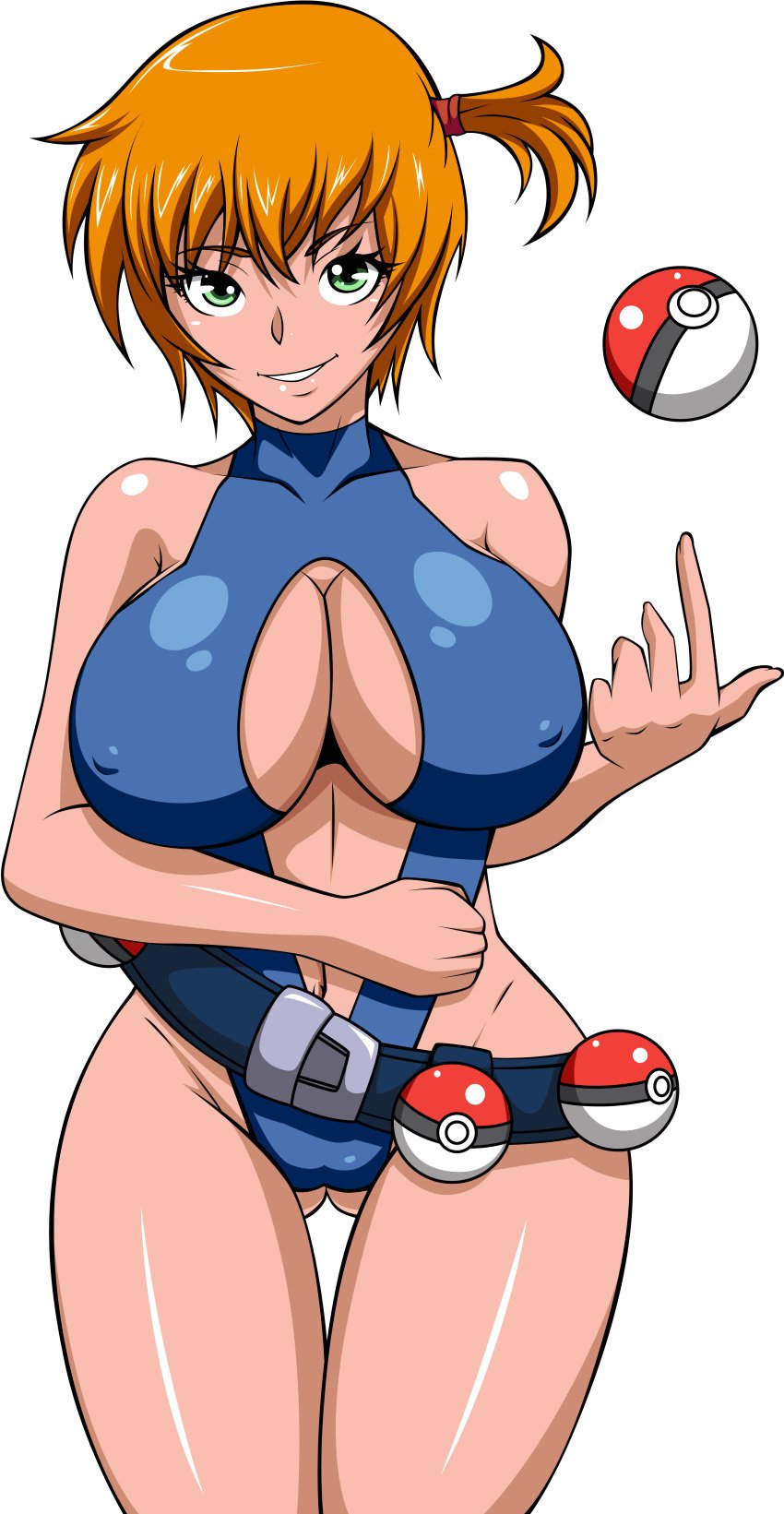 ale-mangekyo asymmetrical_hair bare_shoulders belt bikini blush breasts cleavage creatures_(company) female game_freak green_eyes highres huge_breasts kasumi_(pokemon) large_breasts legs looking_at_viewer navel nintendo orange_hair poke_ball pokemon ponytail short_hair short_ponytail side_ponytail simple_background slingshot_swimsuit smile solo swimsuit the_electric_tale_of_pikachu thick_thighs thighs