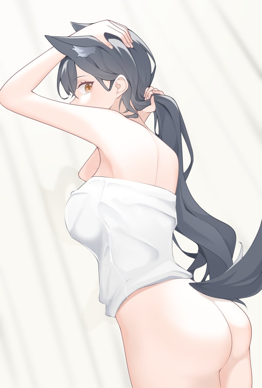 absurdres animal_ears arknights arm_up ass black_hair bottomless breasts cowboy_shot extra_ears female highres holding holding_hair long_hair looking_at_viewer medium_breasts naked_towel sideways_glance solo tail texas_(arknights) towel very_long_hair wl217_(nicexa111) wolf_ears wolf_girl wolf_tail