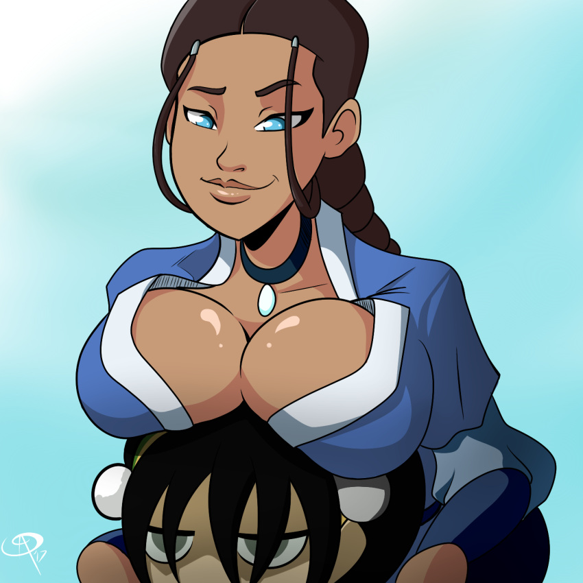 2girls aged_up annoyed asserting_dominance assertive_female avatar_the_last_airbender bangs big_breasts big_lips black_hair blank_stare blind blue_eyes boob_hat braided_ponytail breasts_on_head brown_hair busty chocolate_and_vanilla choker cleavage clothing dark-skinned_female deadpan earth_kingdom female female_only frostbiteboi green_eyes grin hair_accessory hair_band hair_bun hair_loopies hair_ornament hair_over_eyes horny inuit katara large_breasts light-skinned_female necklace open_dress shiny_breasts smile smiling smug teasing thick_lips tomboy toph_bei_fong water_tribe yuri