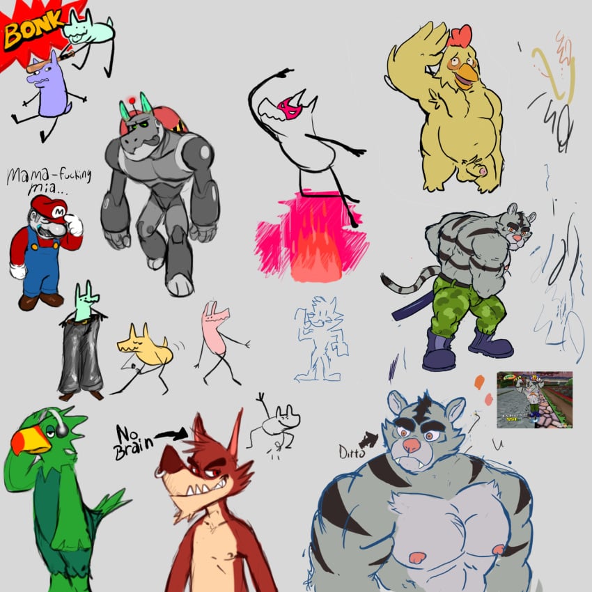 abs animal_crossing anthro atlus avian azul_(artist) balls beak big_muscles bird bonk_(meme) bottomwear canid canine canis chicken clothed clothing cobaltcerberus collaboration crossover decker_(go!_go!_hypergrind) egbert_(animal_crossing) english_text erection eyebrows facial_piercing fangs feathers felid footwear foreskin fur furry galliform gallus_(genus) gay genitals glass0milk go!_go!_hypergrind green_body green_feathers grey_body grey_fur grin group hi_res human jewelry larger_male male male_only mammal mario mario_(series) meme muscular muscular_anthro muscular_male nintendo nipples nose_piercing nose_ring nude pantherine pants penis phasianid piercing profanity ring_piercing screencap sega sharp_teeth shoes simple_background size_difference smile striped_body striped_fur stripes tail teeth text thick_eyebrows tiger toony topless vert_(go!_go!_hypergrind) video_games wolf yellow_body yellow_feathers