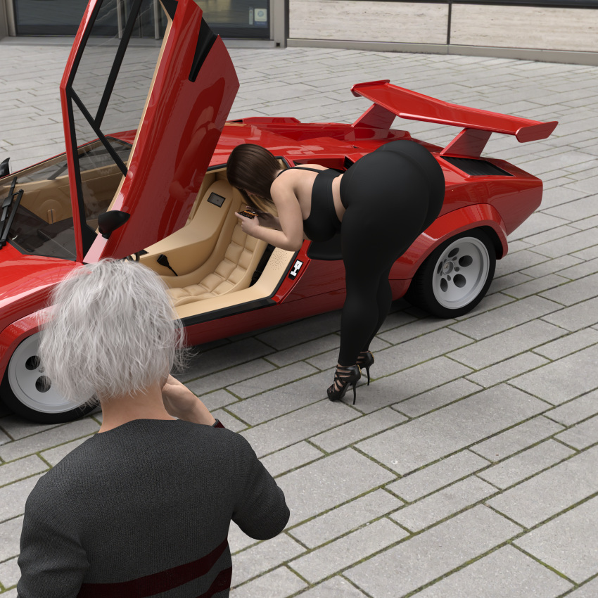 ass ass_bigger_than_head ass_bigger_than_torso bent_forward bent_over bottom_heavy brown_hair brunette car clothing countache duo fat_ass female heels huge_ass lamborghini lard_ass lp3000 male massive_ass rev2019 staring staring_at_ass