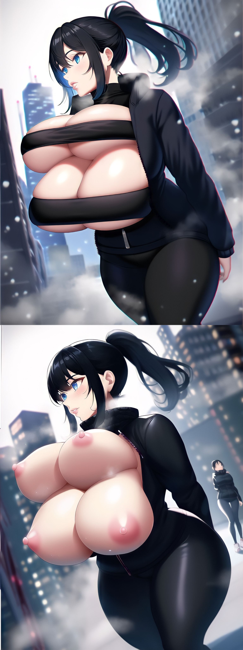 4_breasts ai_generated bangs big_breasts black_hair black_legwear blue_eyes breast_wrap breasts city cleavage coat cold curvy erect_nipples huge_breasts multi_breast nai_diffusion ponytail sidelocks skimpy snow stable_diffusion steam steamy_breath tetra_(oc) tetra_ai thick_thighs tight_clothing underboob unzipped white_jacket wide_hips winter_clothes yoga_pants zipper