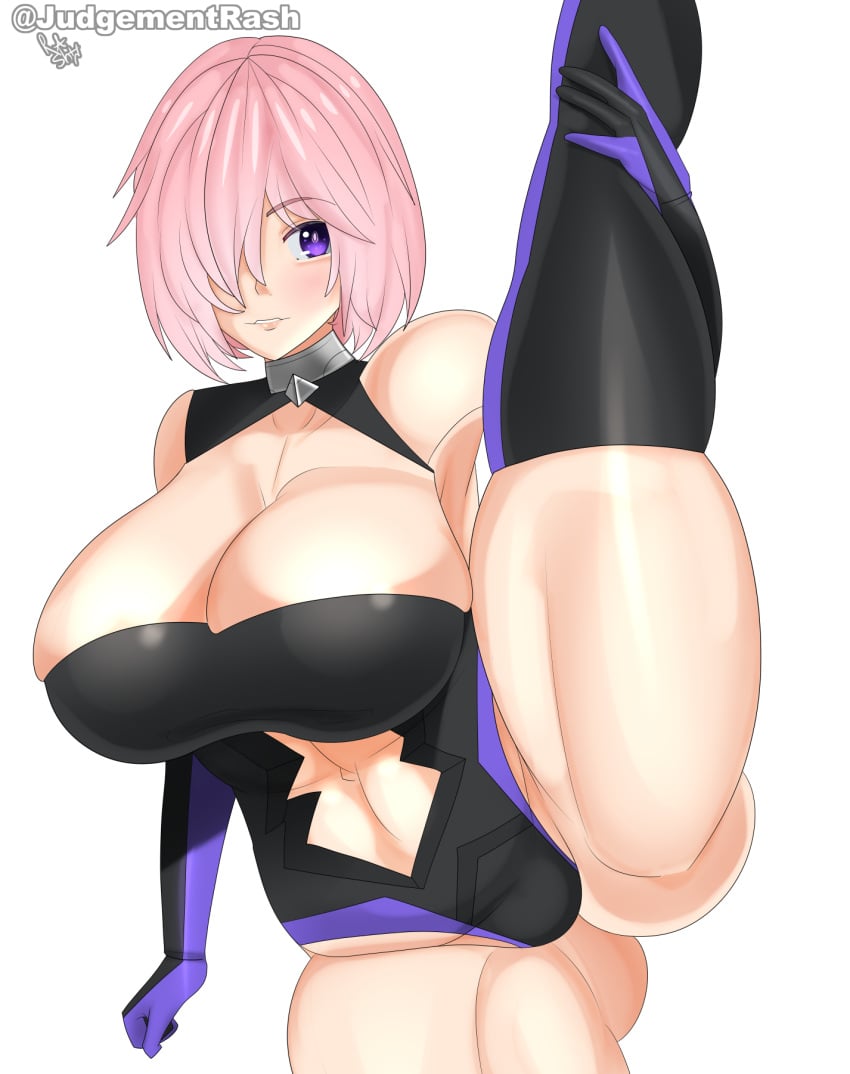 ass ass_cheeks big_breasts breasts breasts cleavage collar fate/grand_order fate_(series) female female female_only gloves hair_covering_eye huge_breasts leg_lift leg_lifted legs_apart legs_spread lifting_leg mash_kyrielight pink_hair rashjudgement short_hair signature skimpy_armor skimpy_clothes solo solo_focus split splits thick_thighs twitter