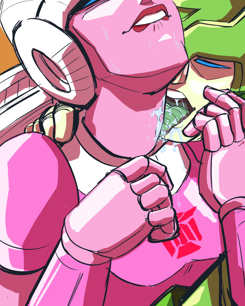 1boy 1girls 2d_(artwork) arcee arcee_(g1) autobot autobot_insignia biting_own_lip color drawn dumbdelvon female female_autobots hickey licking licking_neck male malesub neck pink_body robot saliva springer straight sweat transformers transformers_g1