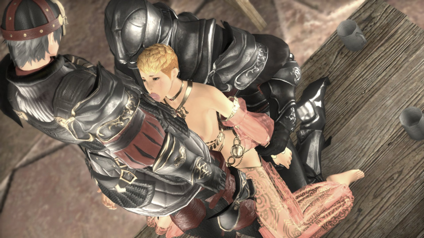 blonde_hair blowjob dancer dancing_class_outfit exposed exposed_breasts final_fantasy final_fantasy_xiv forced forced_fellatio garlean group_rape hyur kaia midlander original_character screenshot short_hair