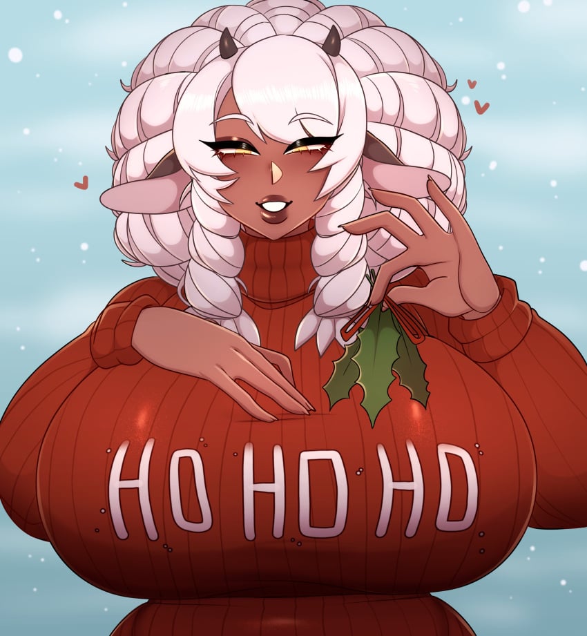 1girls absurd_res chloe_(kaiodx18) christmas curly_hair female female_only hand_on_chest heart horns huge_breasts humanoid inkbuns long_hair looking_at_viewer mistletoe narrowed_eyes nintendo pokemon pokemon_(species) pokemorph sheep_ears sheep_girl sheep_horns smiling smiling_at_viewer smug solo sweater teeth_showing twintails upper_body white_hair wooloo yellow_eyes