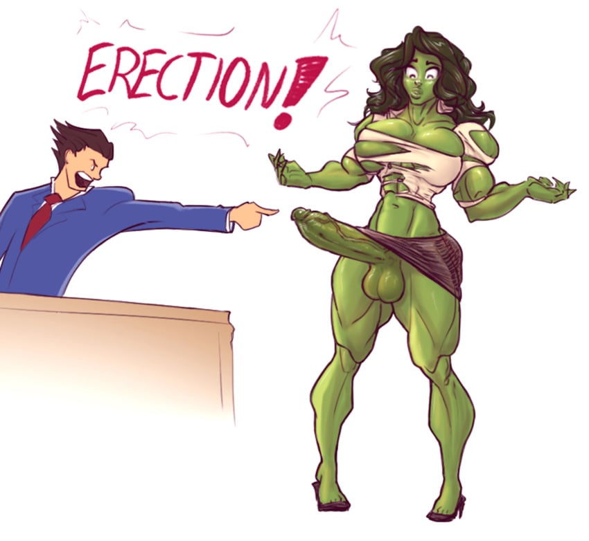 1boy 1futa ace_attorney balls big_breasts big_penis black_hair capcom crossover eastern_and_western_character english_text erection futa futa_focus futanari giant_breasts green-skinned_futanari green_skin high_heels huge_breasts huge_cock hulk_(series) large_penis legs male marvel marvel_comics marvel_vs._capcom muscles muscular_futanari muscular_thighs objection! penis phoenix_wright rookerrant she-hulk speech_bubble text thighs torn_clothes torn_clothing veiny_penis white_background