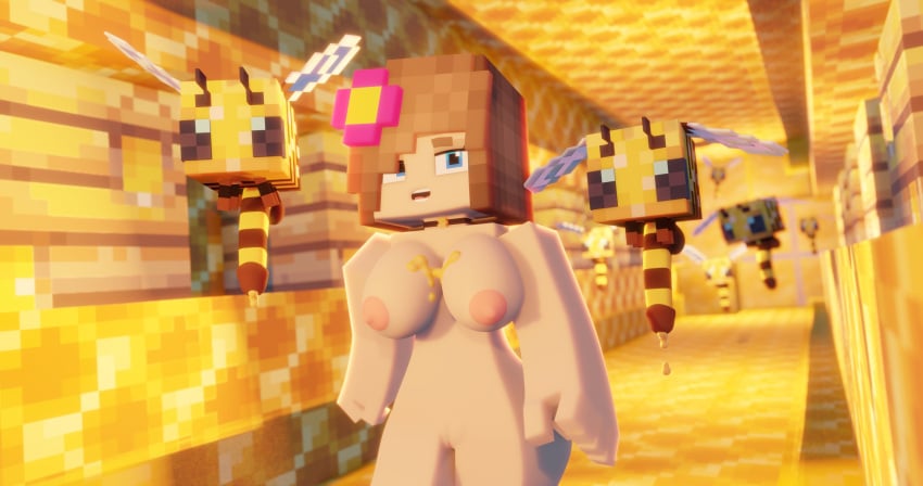 1girls 3d 7boys bee bee_(minecraft) beltomnsfw big_penis blue_eyes breasts brown_hair erect_nipples female flower_in_hair honey honeycomb honeycomb_background horny_female human human_female humanoid jenny_belle_(slipperyt) looking_back male mine-imator minecraft nude_female open_mouth outside story_galory tagme zoophilia