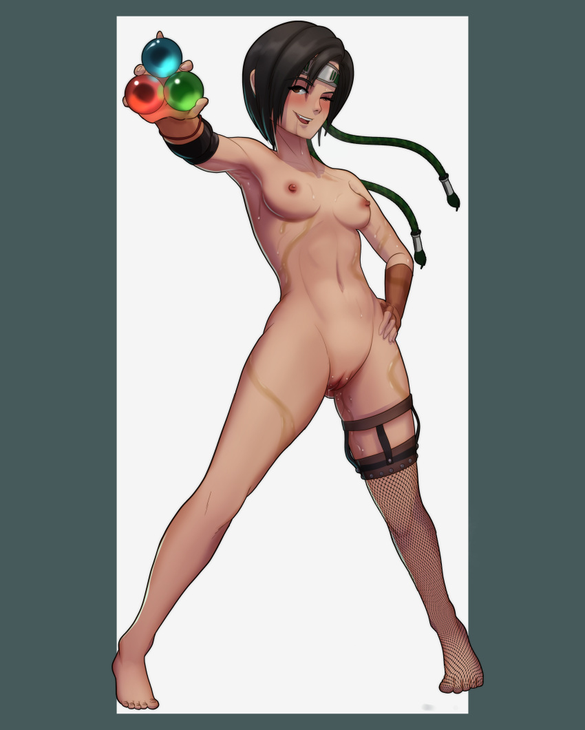 1girls armpits bandana black_hair breasts brown_eyes dripping_pussy feet female female_only final_fantasy final_fantasy_vii fishnets godlem hand_on_hip materia nipples pussy short_hair small_breasts smiling solo stockings uncensored yuffie_kisaragi