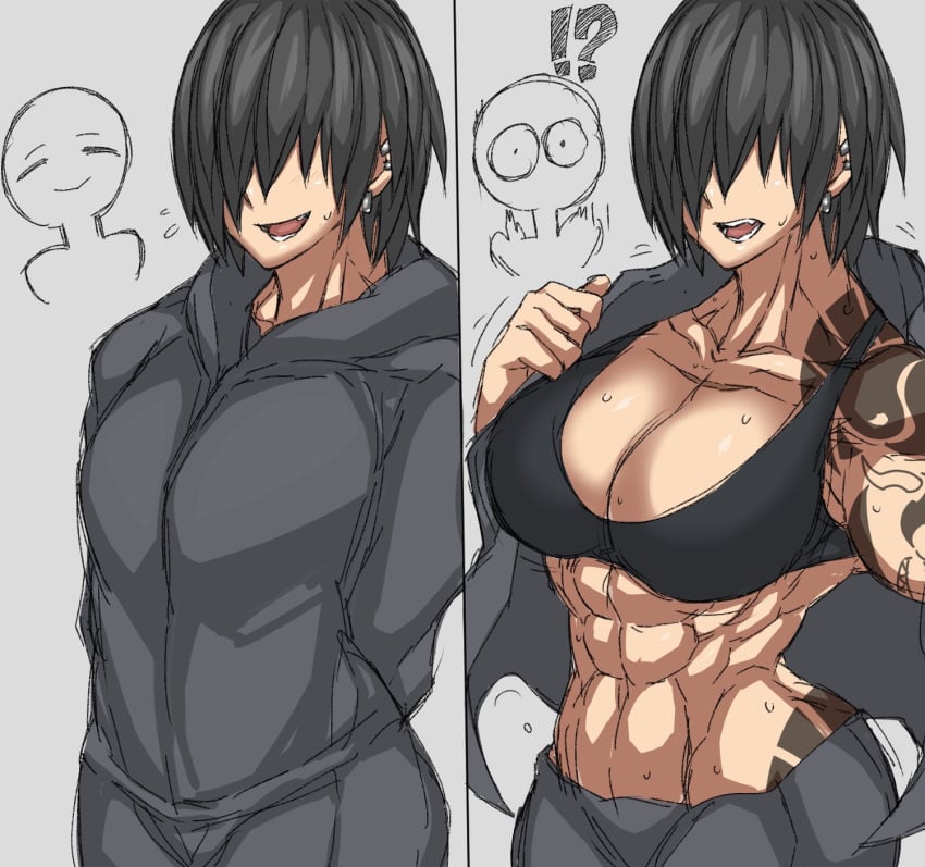 1girls abs athletic_female big_breasts black_hair clothes ear_piercing earrings hair_covering_eyes jacket muscular_female solo_female solo_focus surprised sweat tagme tattoo undressing wide_hips yuko_mizobuti_(zokusuke) zokusuke