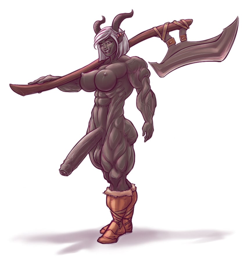 1futa athletic_futanari axe big_cock big_penis boots_only futanari horned_futa horns huge_cock muscular_futanari partially_retracted_foreskin penis posing rookerrant standing tagme weapon weapon_on_shoulder