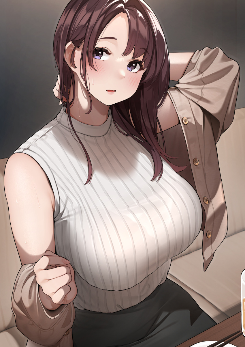 absurd_res bangs black_skirt blush breasts brown_hair brown_jacket chopsticks female female_focus fully_clothed highres indoors jacket large_breasts long_sleeves looking_at_viewer mature_female milf open_jacket original original_character parted_bangs purple_eyes ribbed_sweater sakuranotomoruhie sitting skirt sleeveless sleeveless_shirt sweat sweater