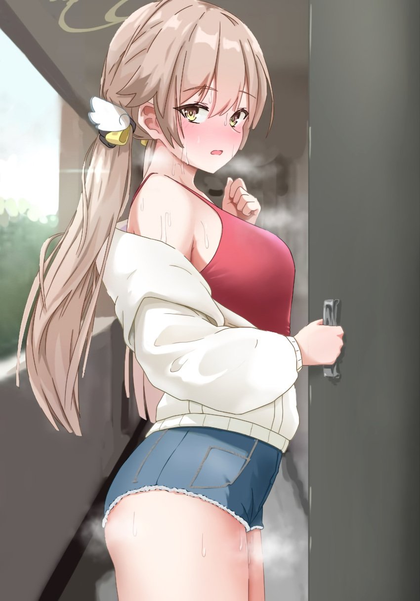 bare_shoulders blonde_hair blue_archive blush casual cheating clothing cuckold denim denim_shorts female hifumi_(blue_archive) implied_sex jacket long_sleeves looking_at_viewer make-up_work_club_(blue_archive) netorare off_shoulder open_clothes open_door open_jacket red_shirt red_tank_top shirt short_shorts shorts steaming_body sweat tank_top tied_hair trinity_general_school_student twintails white_jacket