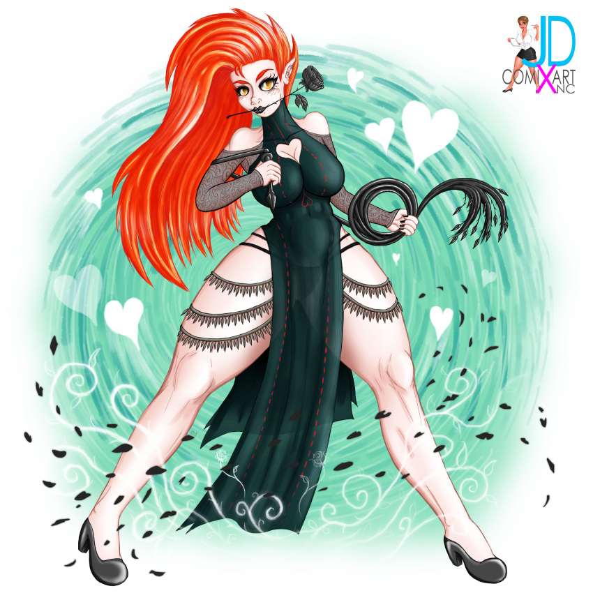 clothed clothing dark_elf domination fanart jdcxart long_legs red_hair see-through see-through_clothing whip