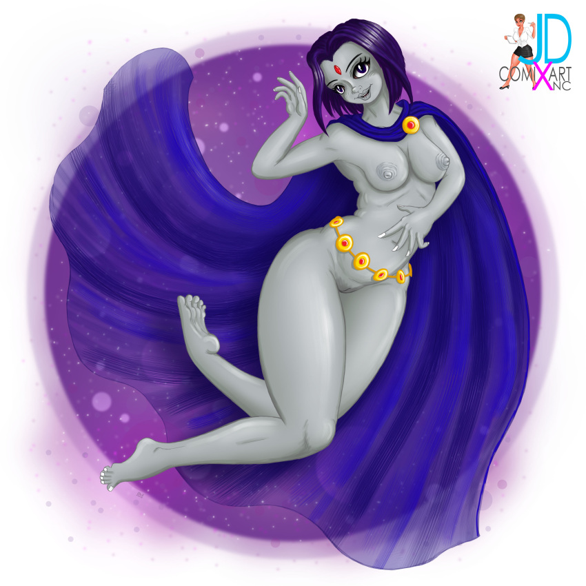 1girls belt breasts cape casual dc dc_comics fanart feet female female_only foot_worship jdcxart long_legs nude nude_female outerwear pale_skin pussy raven_(dc) small_breasts solo teen_titans