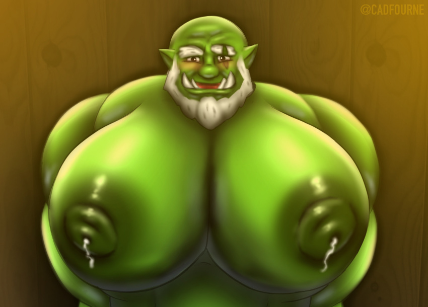 anticipation aroused big_breasts big_nipples big_pecs blush cadfourne gay huge_breasts huge_pecs lactation leaking leaking_milk leaking_nipples looking_at_viewer male male_lactation male_only orc orc_male white_hair