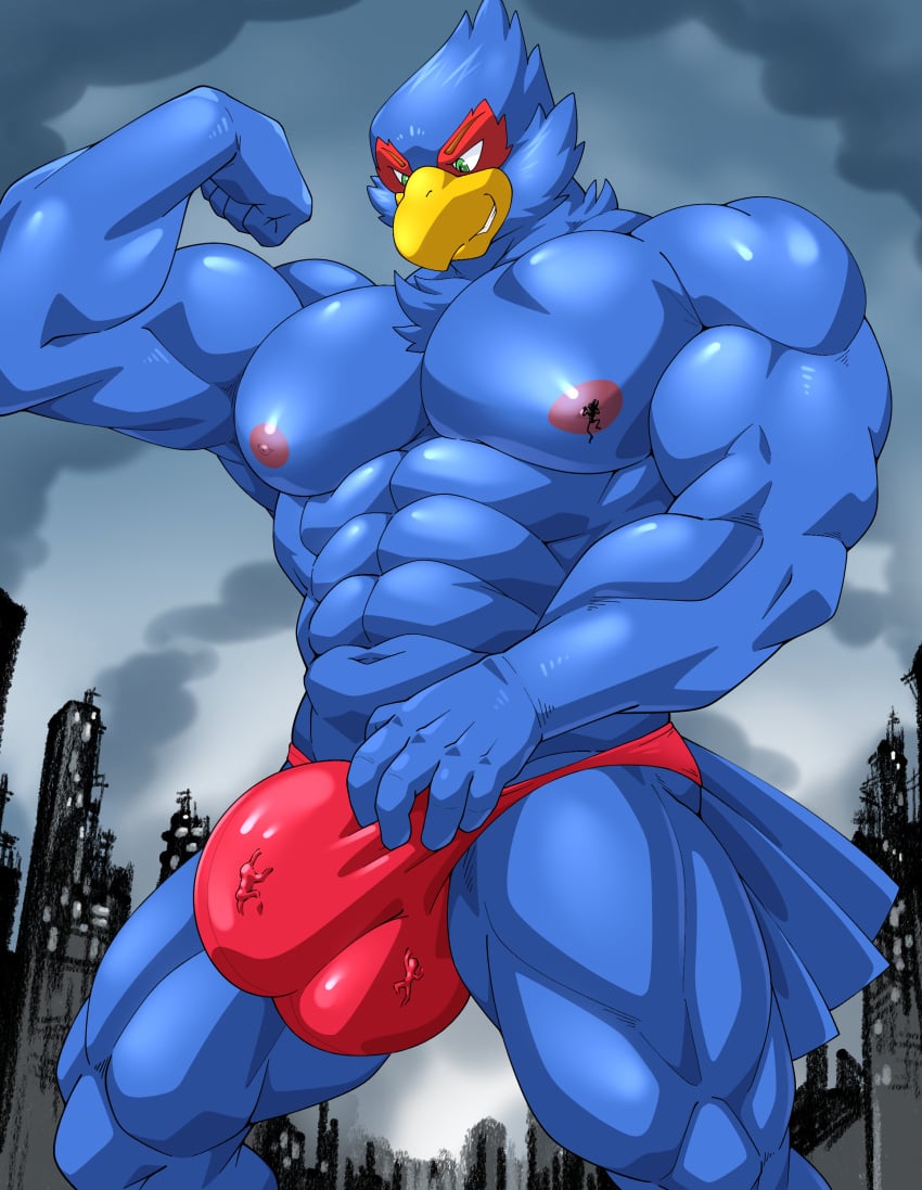 1boy 2022 5_fingers absurd_res anthro avian bird blue_body building bulge city clothed clothing cloud digital_media_(artwork) entrapment falco_lombardi fingers fist flexing_bicep hi_res macro maldu male male_only micro muscular muscular_male nintendo red_clothing red_underwear ruins sky skyscraper smaller_version_at_source solo speedo star_fox swimwear topless topless_anthro topless_male trapped_in_clothing trapped_in_underwear underwear video_games worship