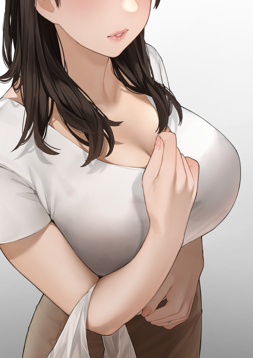 1girls absurd_res big_breasts blush breasts brown_hair brown_skirt cleavage female female_focus female_only fully_clothed highres large_breasts long_hair married_woman mature_female milf nail_polish original original_character ring sakuranotomoruhie simple_background skirt solo white_shirt