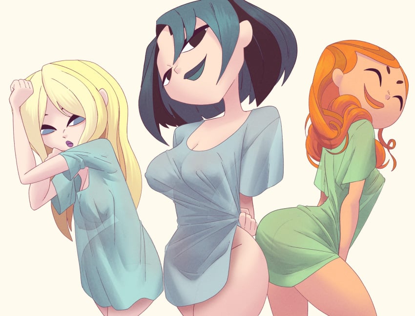 3girls black_eyes black_hair blonde_hair blue_lipstick bottomless coolerinker cute dawn_(tdi) female female_focus female_only ginger_hair goth grey_eyes gwen_(tdi) hourglass_figure inker_comics inkershike izzy_(tdi) large_breasts lipstick long_hair orange_hair orange_lipstick pale-skinned_female pale_skin purple_lipstick short_hair teal_hair total_drama:_revenge_of_the_island total_drama_island two_tone_hair wide_hips