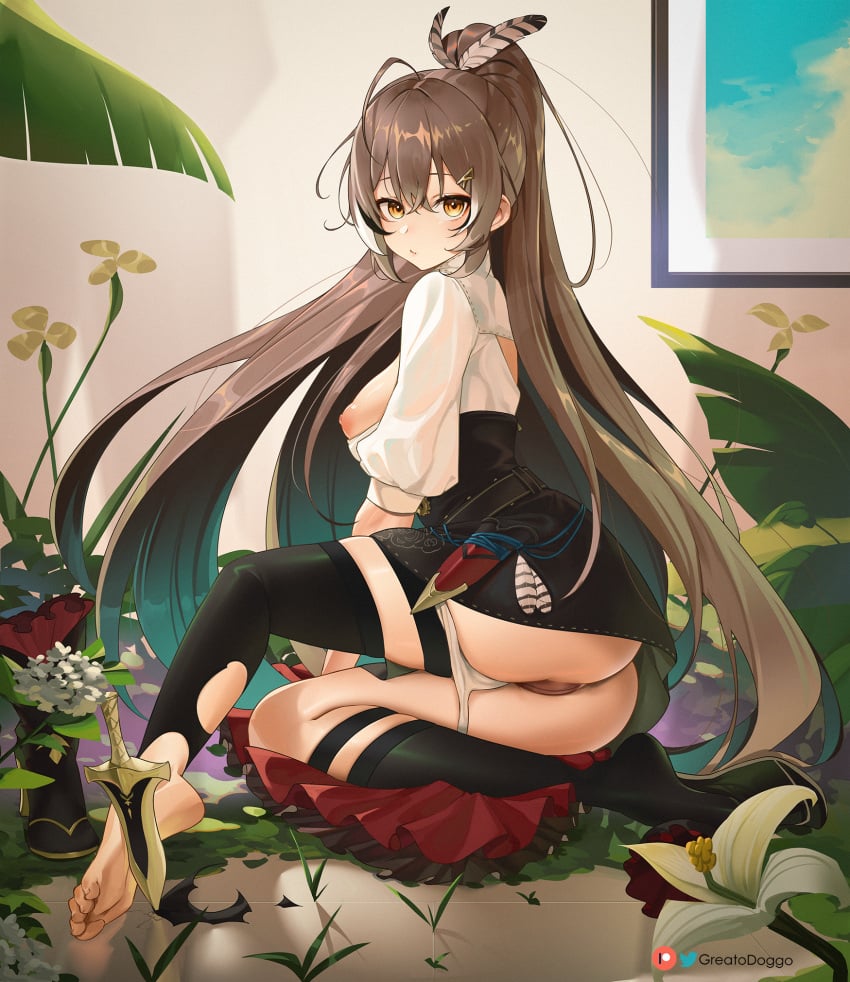 5_toes ass bangs barefoot boots boots_removed breasts brown_eyes brown_hair closed_mouth dagger feather_hair_ornament feathers female flower full_body greatodoggo hair_between_eyes hair_ornament high-waist_skirt highres hololive hololive_english hololive_english_-council- hololive_english_-promise- indoors kneehighs knife large_breasts leaf long_hair long_sleeves looking_at_viewer nanashi_mumei nipples no_bra no_shoes panties panty_pull plant planted ponytail puffy_long_sleeves puffy_sleeves pussy shirt single_kneehigh single_sock single_thighhigh sitting skirt socks solo thighhighs torn_clothes torn_thighhighs underwear very_long_hair virtual_youtuber weapon white_flower white_shirt