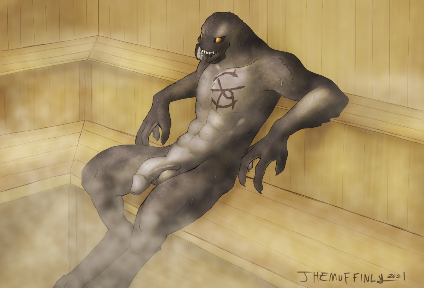 2021 abs alien anthro arbiter_(halo) balls bodily_fluids genitals halo_(series) male male_only microsoft penis sangheili sauna scar sitting solo sweat themuffinly video_games xbox_game_studios