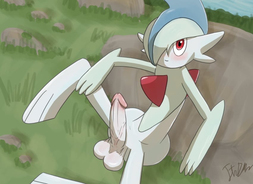 albino blush erection gallade generation_4_pokemon genitals hair humanoid_genitalia itszabba looking_at_viewer male nintendo penis pokémon_(species) pokemon pokemon_(species) relaxing rock sitting sitting_on_ground smile solo video_games