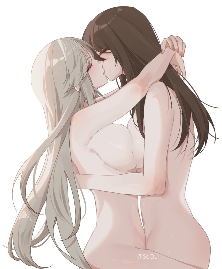 2girls alluring arms_around_neck baconontheclock beidou_(genshin_impact) big_breasts breast_press breast_squish breasts brown_hair brown_hair_female brunette brunette_hair closed_eyes completely_naked completely_naked_female completely_nude completely_nude_female embrace eyes_closed female female_only genshin_impact holding holding_partner hugging hugging_partner kiss kissing lesbian lesbian_kiss light-skinned_female light_body light_skin long_hair long_hair_female multiple_girls naked naked_female ningguang_(genshin_impact) nude nude_female painted_fingernails painted_nails pale pale-skinned_female pale_body pale_skin passionate romantic symmetrical_docking very_long_hair white_hair white_hair_female wholesome yuri