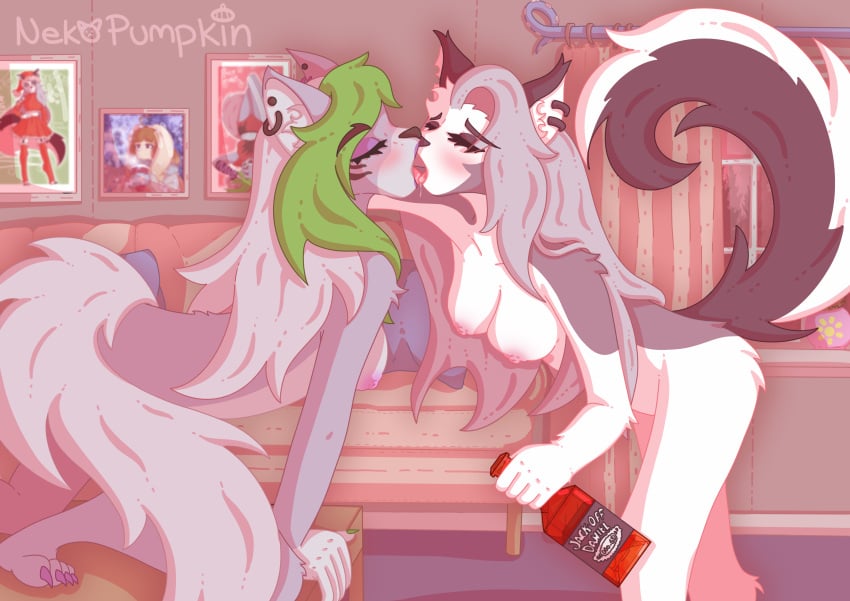 absurd_res alcohol alcoholic_drink anthro beverage blush bodily_fluids breasts canid canid_demon canine canis closed_eyes collarbone colored_nails crossover curtains curtains_open demon drooling drunk duo ear_piercing female female/female five_nights_at_freddy's five_nights_at_freddy's:_security_breach fur fur_markings furniture green_hair grey_body grey_fur grey_hair hair hellhound helluva_boss hi_res kissing loona_(helluva_boss) makeup making_out mammal markings nails nekopumpkin nipples nude piercing pillow pink_nipples plant_pot purple_body purple_fur purple_nipples roxanne_wolf_(fnaf) saliva scottgames sloppy_kiss sofa substance_intoxication table tentacle tongue tongue_out video_games white_body white_fur window wolf