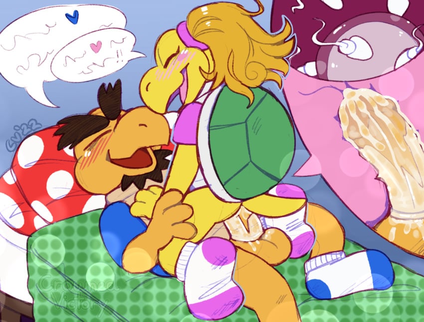 2022 absurd_res bodily_fluids broken_condom cheating cheating_girlfriend cheating_with_father clothing crownedvictory cuckold cum cum_inside dialogue female footwear genital_fluids hi_res koopa koopie_koo koopley male mario_(series) netorare nintendo ntr paper_mario penetration pregnant scalie socks tagme video_games