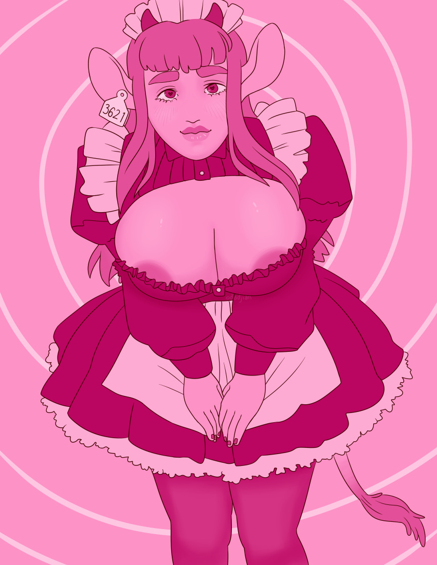 <3_eyes 4_fingers absurd_res animal_humanoid areola bangs big_areola big_breasts blush blush_lines bovid bovid_humanoid bovine bovine_humanoid breasts clothed clothing colored_nails ear_tag female female_focus fingers hair heart hi_res horn horned_humanoid humanoid long_hair looking_at_viewer maid_uniform mammal mammal_humanoid nails odadjian partially_clothed pink_areola pink_body pink_hair simple_background smile smiling_at_viewer solo uniform