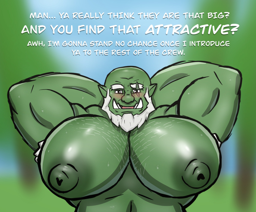 big_breasts big_nipples big_pecs blush cadfourne chest_hair fangs forest forest_background gay huge_breasts huge_pecs male male_breasts male_only male_with_breasts man_tits muscular muscular_male orc orc_male white_hair