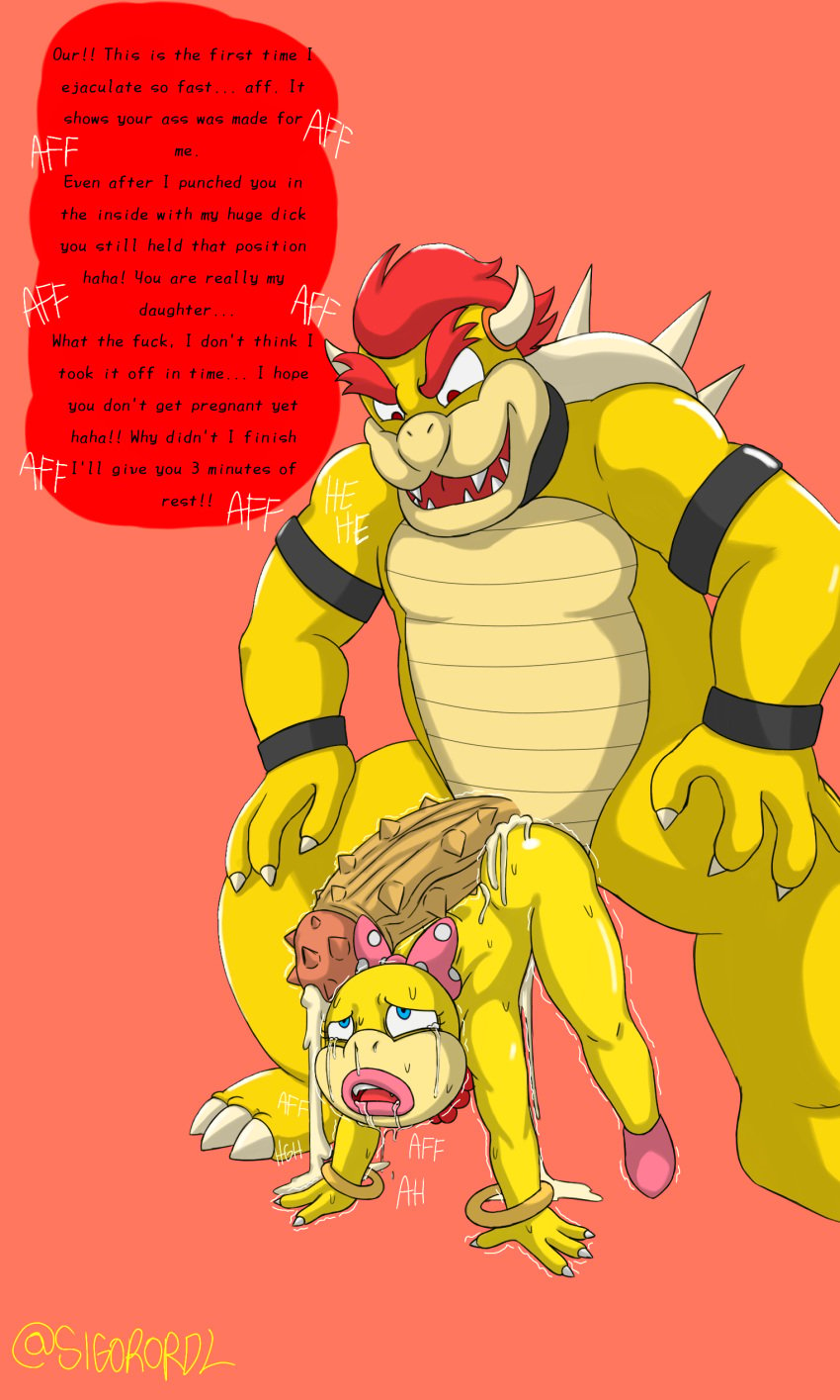 1boy 1girls anthro anthro_on_anthro anthro_penetrated anthro_penetrating_anthro bald_female big_ass big_penis blue_eyes bowser crying crying_with_eyes_open cum cum_in_ass cum_inside daddy drooling english_text furry furry_female huge_cock lizard_girl lizardman mario_(series) penetration pink_lipstick red_eyes red_hair rubber scream screaming sigorordl simple_background speech_bubble text thorns tired tired_eyes wendy_o._koopa yellow_skin younger_female