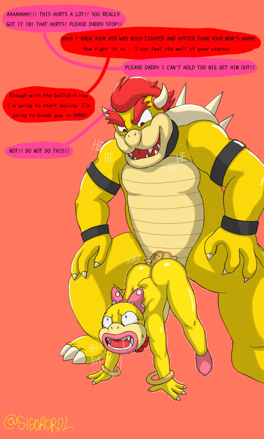 1boy 1girls anthro anthro_on_anthro anthro_penetrated anthro_penetrating_anthro bald_female big_ass big_penis blue_eyes bowser crying crying_with_eyes_open daddy dialogue english_text huge_cock lizard_girl lizardman mario_(series) penetration pink_lipstick red_eyes red_hair rubber scream screaming sigorordl simple_background speech_bubble text thorns wendy_o._koopa yellow_skin younger_female