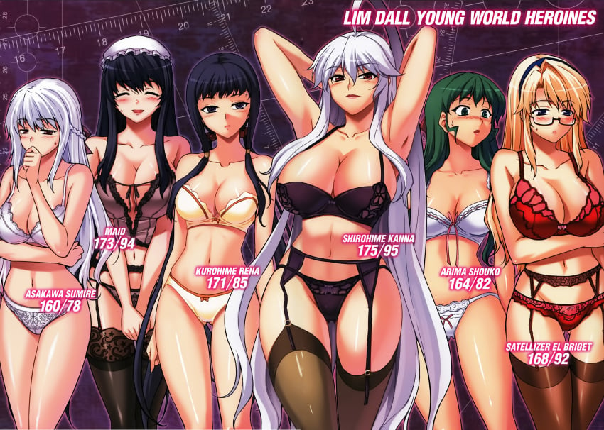 6+girls adjusting_hair ahoge arima_shouko asakawa_sumire black_garter_belt blush bow bra breast_envy breast_size_measurement breasts bust_chart bustier chart cleavage closed_eyes clothing cross_make crossover dark_skin female freezing freezing_(series) garter_belt green_eyes green_hair hair_bobbles hair_ornament hairbow headdress headwear high_resolution kim_kwang_hyun kurohime_rena large_breasts large_filesize lee_soo-hyon light-skinned lingerie long_hair maid_(phantom_king) measurements moonzero multiple_girls official_art onihime_vs pantsu phantom_king purple_eyes purple_garter_belt purple_hair quad_tails red_eyes red_garter_belt satellizer_el_bridget shirohime_kanna smile thighhighs tied_hair underwear very_high_resolution very_long_hair zero_(series)