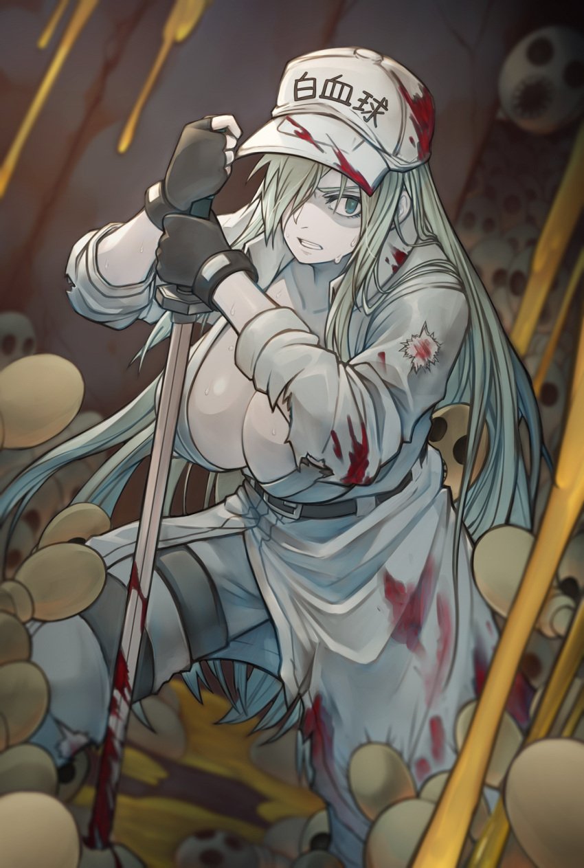 1girls alone big_breasts blood blood_stain breasts breasts_out cells_at_work cells_at_work_code_black cero320 cleavage_window defeated defeated_heroine fear hataraku_saibou hataraku_saibou_black helpless hopeless impending_death impending_doom katana kneeling kneeling_down kneeling_on_one_leg light_blue_eyes light_blue_hair lost_fight monster monsters parasite surrounded sword sword_in_ground u-1196 virus white_blood_cell_(hataraku_saibou) white_blood_cell_(hataraku_saibou_black) white_body white_skin white_uniform worried worried_expression worried_look wounded