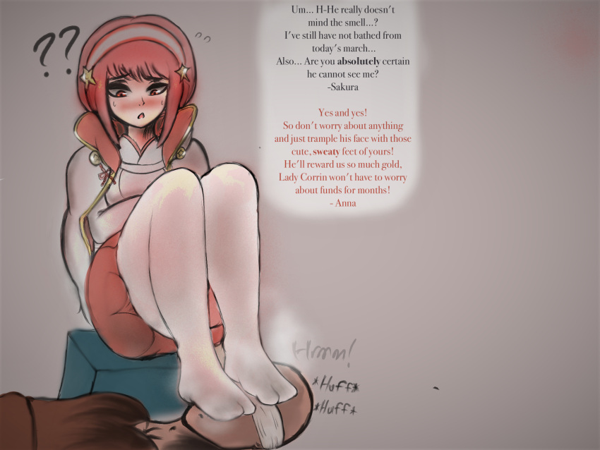 1boy 1girls ? ?? anna_(fire_emblem) bangs bare_thighs blindfold blush confusion english_text feet female female_focus fire_emblem fire_emblem_fates foot_fetish hairband inner_thighs jyo male nintendo open_mouth prostitution sakura_(fire_emblem) smell smelly_feet solo_focus story_at_source text thighhighs thighs