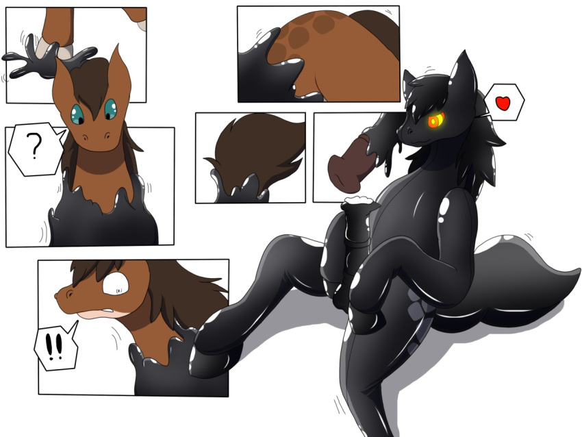 2020 animal_genitalia animal_penis anthro balls black_body black_hair black_mane black_tail blue_eyes brown_body brown_hair brown_mane brown_tail digital_media_(artwork) dolero equid equine equine_penis erection exclamation_point flared_penis genitals hair heart hooves horse latex_transformation male mammal mane mind_control multiple_images penis question_mark rubber simple_background solo transformation wolferion