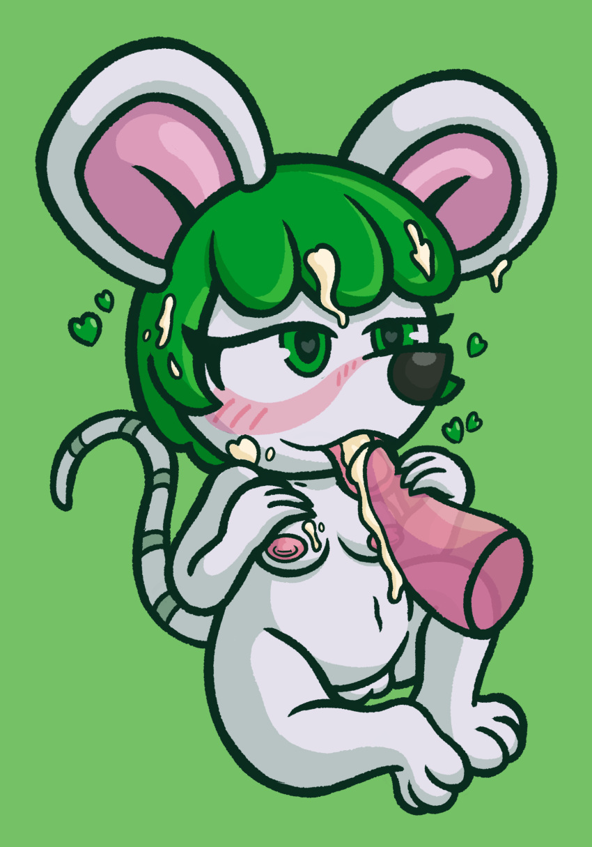 <3_eyes absurd_res animal_crossing anthro big_ears black_nose blush blush_lines bodily_fluids breasts bree_(animal_crossing) cum cum_drip cum_in_hair cum_on_face cum_on_penis cum_on_tongue dripping fellatio genital_fluids genitals green_eyes green_hair hair heart hi_res mammal maskedfurry mouse murid murine navel nintendo nipples nude oral penile penis pink_nipples pussy rodent sex simple_background sitting skinny_tail slightly_chubby solo tapering_penis tongue tongue_out translucent translucent_penis video_games white_body